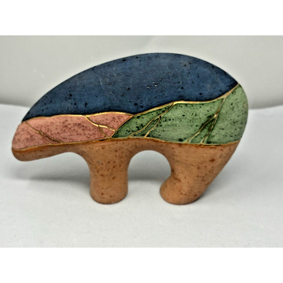 Vtg Native American Guardian Bear Hand Painted Pottery Southwestern Gold Inlay - Picture 2 of 5